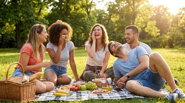 Young diverse friends enjoying a summer picnic together on a blanket in a sunny green park.