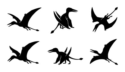 Pterodactyl Silhouettes, Flying Dinosaur Vector Icons, Prehistoric Reptile Graphics, Ancient Creature Set © Anik