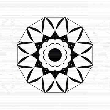 A circular mandala design featuring a floral pattern enclosed within a sharp geometric dodecagon outline