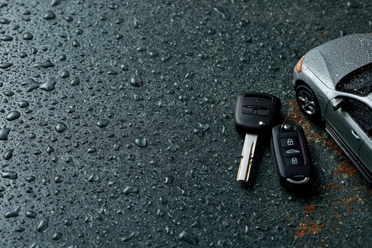 Car key fob and miniature vehicle on rain - speckled dark surface for insurance banner