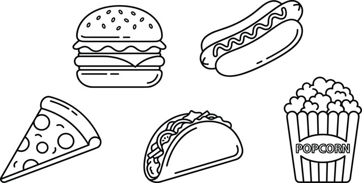 Fast food line icon vector set featuring burger hot dog pizza slice taco and popcorn on white background