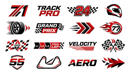 Obraz premium Dynamic collection of racing team logos and motorsport performance graphics featuring track elements and speed indicators isolated on white background vector illustration for sports branding