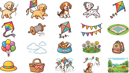 Fototapeta premium Cute puppy dog and kite flying vector sticker icon set featuring cartoon picnic basket balloons bunting landscape and park elements on white background