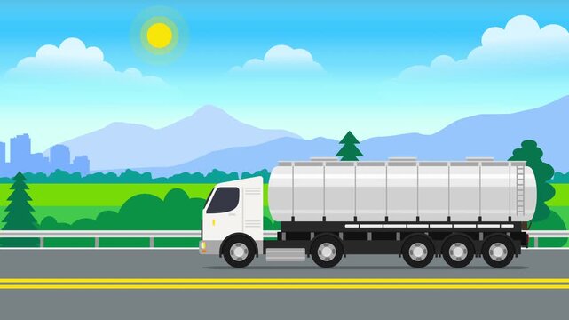 oil fiel tank truck moving on the road highway landscape 2d animation video footage
