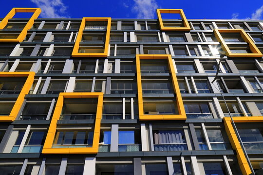 Modern residential building, apartment building, architectural design of a residential complex . Modern facade, background