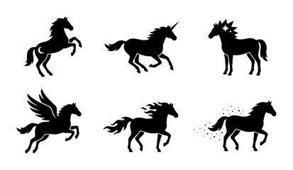 Obraz premium Mythical Horse Silhouettes: Unicorn, Pegasus, Fantasy Creatures Collection