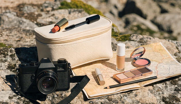 Cream cosmetic case with makeup and vintage camera outdoors