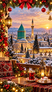 Snowy Konya glows at sunset with Mevlana&rsquo;s turquoise dome, minarets, whirling dervishes, festive decorations, Turkish tea, and lokum.