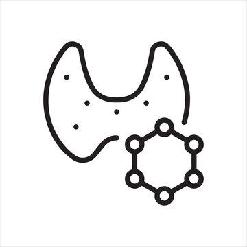 Thyroid Hormones icon. Thyroid gland with hormone molecule for T3 and T4. Simple thin line outline vector illustration. Editable stroke. Pixel Perfect.