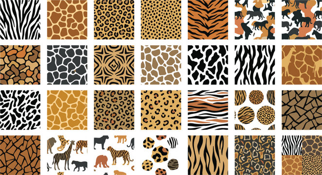 Animal print seamless pattern collection vector set featuring traditional texture designs for leopard cheetah tiger zebra giraffe cow and safari camouflage skins