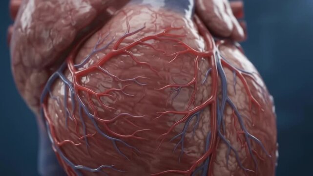Human heart anatomy features detailed coronary blood vessels and muscular surface.
