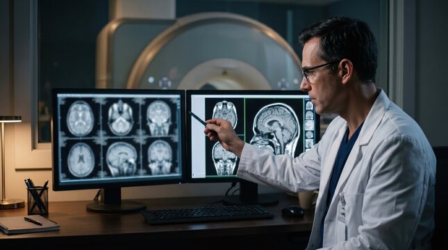 Male doctor in white coat pointing with pen at brain mri scan on dual monitors, mri machine visible through window in background.