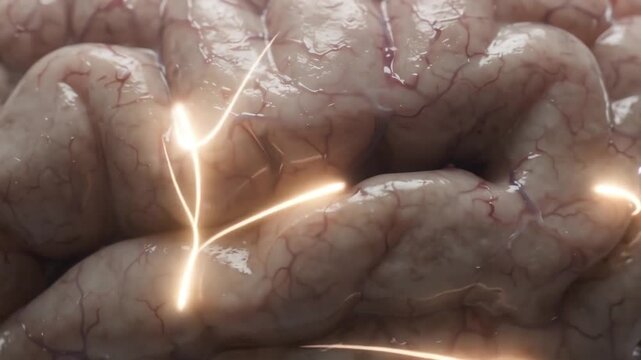 Human brain surface displays glowing neural impulses and synaptic electrical activity.