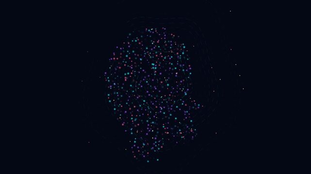 Abstract particle head silhouette dissolving into digital dust, futuristic concept, dark background
