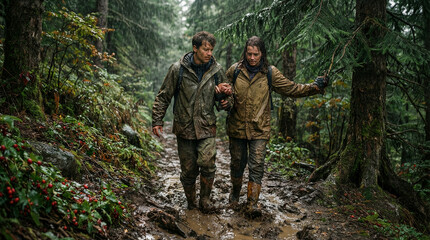 Fototapeta premium Couple in waterproof boots and oilskin jackets navigating steep forest slope