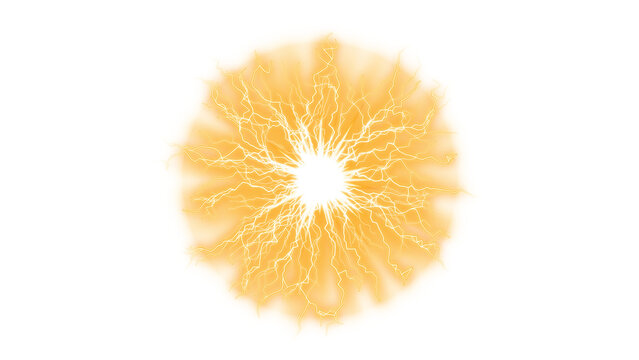Abstract yellow energy burst with glowing lightning bolts isolated on a clean white background transparent background