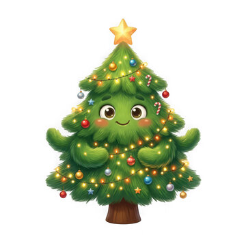 Cute cartoon christmas tree character with lights and ornaments isolated on transparent background