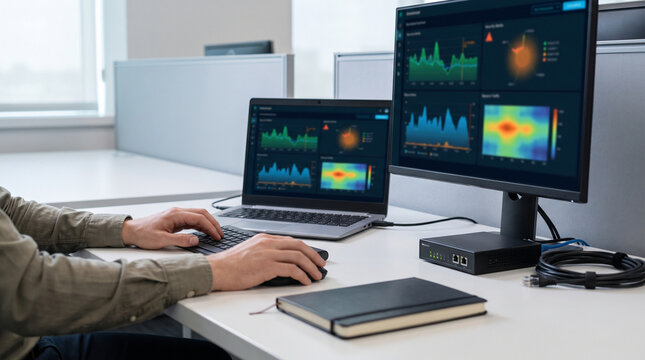 Engineer hands using mouse at workstation displaying thermal analysis and data dashboards on dual monitors mockup