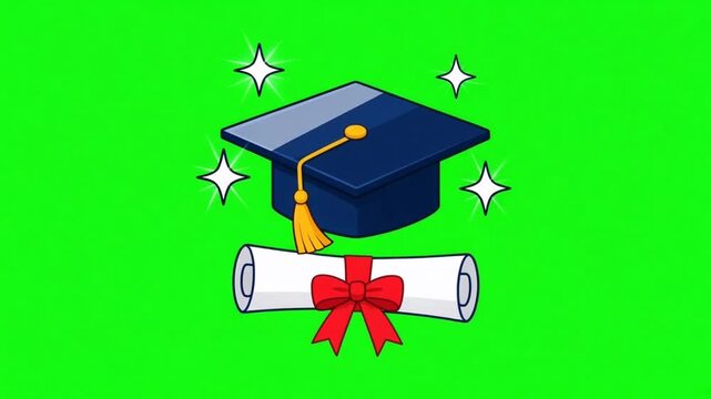 Animated graduation cap mortarboard and diploma on green screen