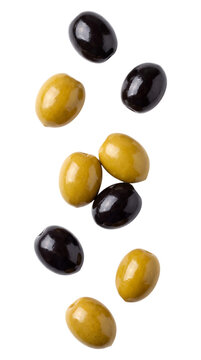 Falling olives isolated on transparent background