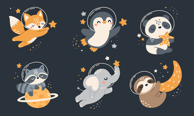 Fototapeta premium Cute space animals floating in outer space wearing astronaut helmets. Fox, penguin, panda, raccoon, elephant and sloth among stars and planets. Flat vector illustration for kids and space themes