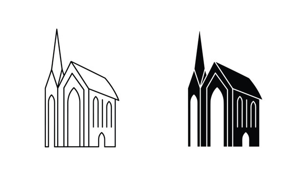 Gothic church vector icon isolated on white Black and white outline line art and solid glyph silhouette