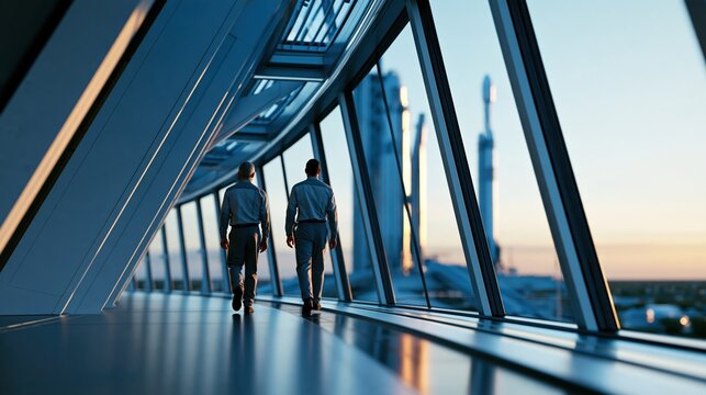 Aerospace specialists walking in futuristic observation corridor overlooking rocket launch pad