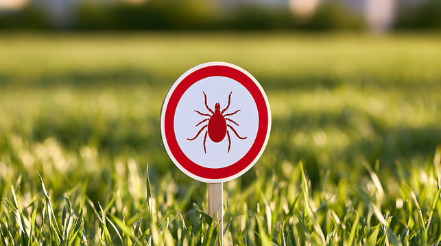 Warning sign for tick parasite Ixodida in a green grass field, symbol of caution against insect bite risk and disease prevention outdoor