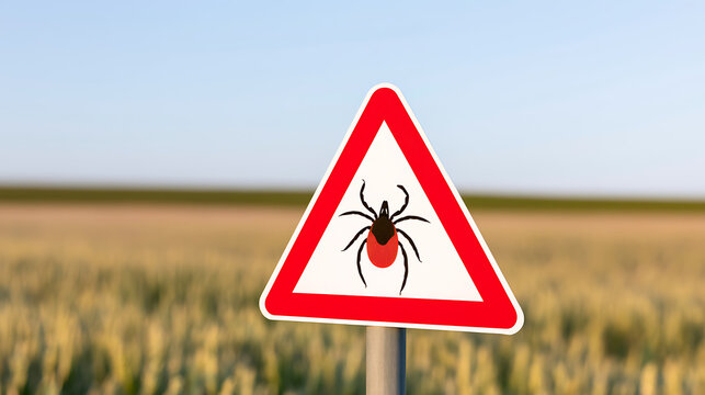 A red and white warning sign with a tick or Ixodida insect symbol placed in a tall grass field, representing outdoor health risk