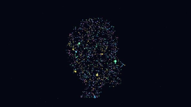 Abstract Human Head Silhouette Formed by Colorful Particles on Black Background, Digital Art