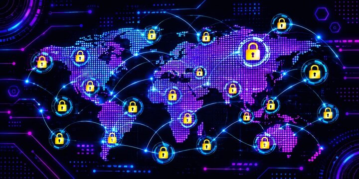 Global cyber security world map background with neon padlock icons and digital network connection