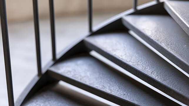 Modern abstract architectural detail showing close-up perspective of metal spiral staircase steps with handrail in contemporary interior building
