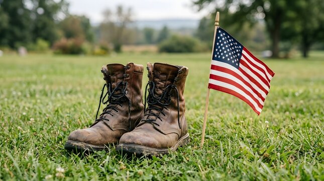 Military boots and small american flag on green grass representing veteran tribute.