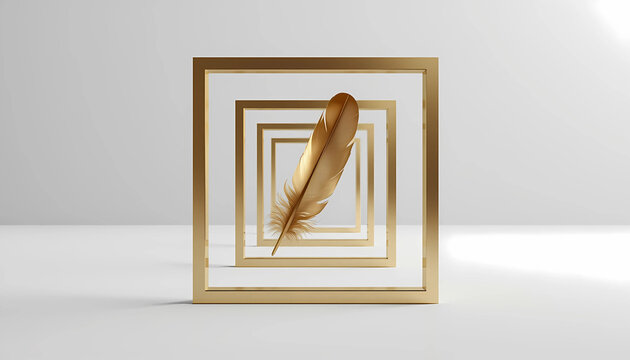 Golden feather floating inside nested square transparent glass frames on white background with nested squares abstract art luxury design geometric shape fine art