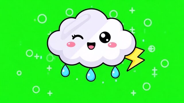 Animated cute rain cloud with lightning bolt on green screen