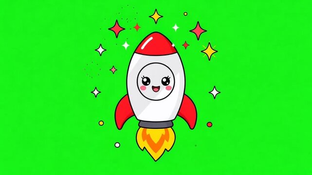 Animated cute rocket launch startup boost on green screen