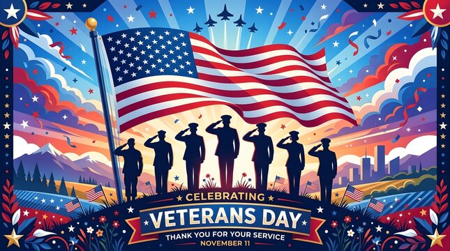 Veterans day celebration with soldiers saluting american flag aerial jets mountains city.