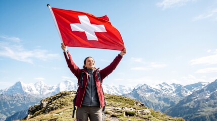 Obraz premium Joyful Woman Hiker Holding Swiss Flag On Mountain Peak