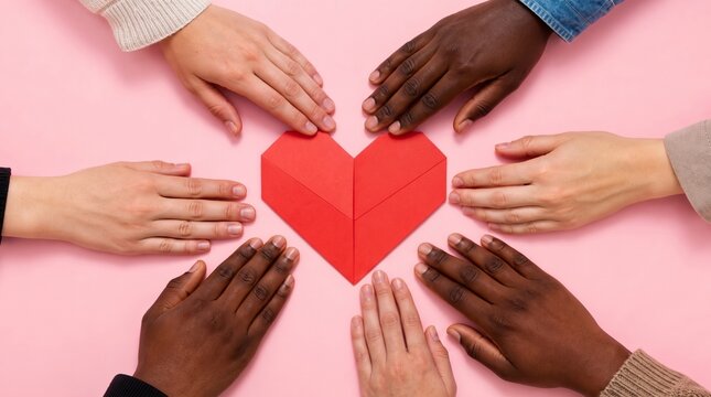 Diverse Human Hands Arranged Around A Red Paper Heart On A Pink Surface, Symbolizing Unity Love And Global Inclusion
