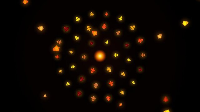 Spinning abstract glowing particles forming mandala pattern on black background with bright light in center.