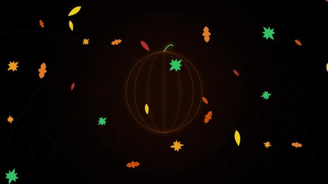 Rotating pumpkin wireframe animation with falling autumn leaves against dark background representing fall harvest season in dynamic motion.