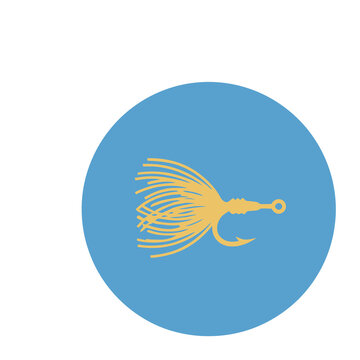Yellow fishing lure graphic on blue circle