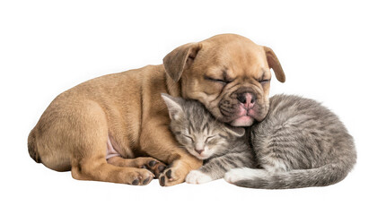 Fototapeta premium Cute puppy and kitten sleeping together isolated on transparent background