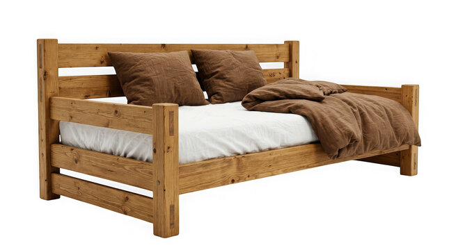 Rustic wooden daybed with brown pillows and blanket isolated on transparent background