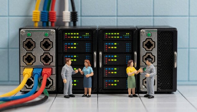 Group miniature people standing front row servers black color have multiple ports cables connected dressed bus