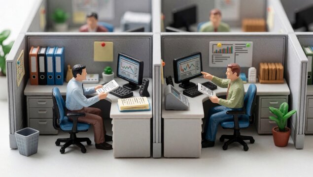 Miniature figurines men working office cubicle divided sections left section man sitting desk right another fr