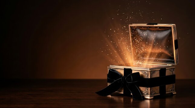 A magical luxury open gift box glowing with bright golden light and sparkling particles isolated on a dark background for festive holiday celebrations