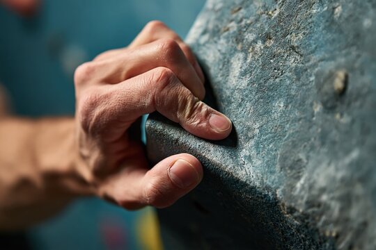Climber hand using crimp grip on geometric climbing hold