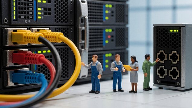 Group miniature people standing front row servers black color have multiple ports switches left side there yel
