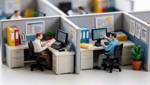Miniature figurines men working office cubicle divided sections each desk computer monitor man left sitting ke
